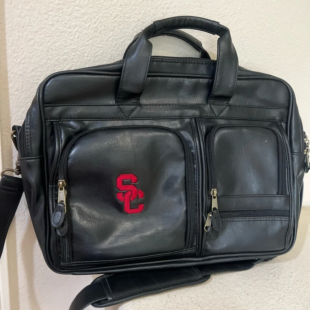 USC Logo Black Leather Briefcase Pocket Multi Compartments Portfolio Work Bag